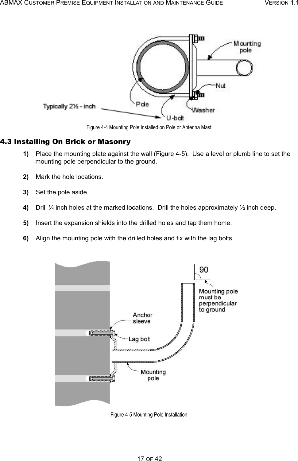 ABMAX CUSTOMER PREMISE EQUIPMENT INSTALLATION AND MAINTENANCE GUIDE VERSION 1.117 OF 42Figure 4-4 Mounting Pole Installed on Pole or Antenna Mast 4.3 Installing On Brick or Masonry 1)    Place the mounting plate against the wall (Figure 4-5).  Use a level or plumb line to set the mounting pole perpendicular to the ground. 2)    Mark the hole locations. 3)    Set the pole aside. 4)    Drill ¼ inch holes at the marked locations.  Drill the holes approximately ½ inch deep. 5)    Insert the expansion shields into the drilled holes and tap them home. 6)    Align the mounting pole with the drilled holes and fix with the lag bolts.   Figure 4-5 Mounting Pole Installation 