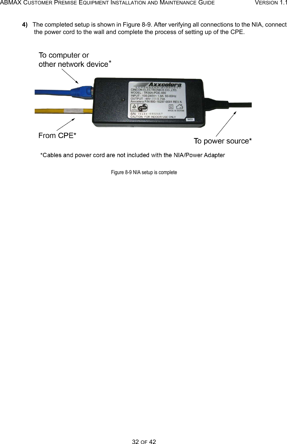 ABMAX CUSTOMER PREMISE EQUIPMENT INSTALLATION AND MAINTENANCE GUIDE VERSION 1.132 OF 424)   The completed setup is shown in Figure 8-9. After verifying all connections to the NIA, connect the power cord to the wall and complete the process of setting up of the CPE.Figure 8-9 NIA setup is complete