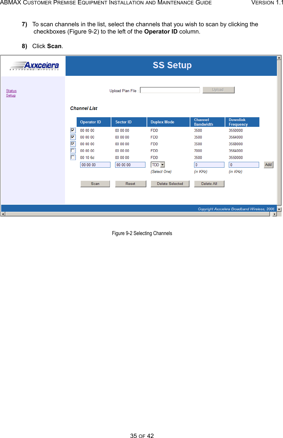 ABMAX CUSTOMER PREMISE EQUIPMENT INSTALLATION AND MAINTENANCE GUIDE VERSION 1.135 OF 427)   To scan channels in the list, select the channels that you wish to scan by clicking the checkboxes (Figure 9-2) to the left of the Operator ID column.8)   Click Scan. Figure 9-2 Selecting Channels