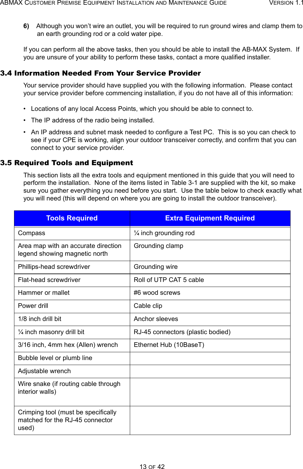 ABMAX CUSTOMER PREMISE EQUIPMENT INSTALLATION AND MAINTENANCE GUIDE VERSION 1.113 OF 426)    Although you won’t wire an outlet, you will be required to run ground wires and clamp them to an earth grounding rod or a cold water pipe. If you can perform all the above tasks, then you should be able to install the AB-MAX System.  If you are unsure of your ability to perform these tasks, contact a more qualified installer. 3.4 Information Needed From Your Service Provider Your service provider should have supplied you with the following information.  Please contact your service provider before commencing installation, if you do not have all of this information: •   Locations of any local Access Points, which you should be able to connect to. •   The IP address of the radio being installed. •   An IP address and subnet mask needed to configure a Test PC.  This is so you can check to see if your CPE is working, align your outdoor transceiver correctly, and confirm that you can connect to your service provider. 3.5 Required Tools and Equipment This section lists all the extra tools and equipment mentioned in this guide that you will need to perform the installation.  None of the items listed in Table 3-1 are supplied with the kit, so make sure you gather everything you need before you start.  Use the table below to check exactly what you will need (this will depend on where you are going to install the outdoor transceiver). Tools Required Extra Equipment RequiredCompass  ¼ inch grounding rod Area map with an accurate direction legend showing magnetic north Grounding clamp Phillips-head screwdriver  Grounding wire Flat-head screwdriver  Roll of UTP CAT 5 cable Hammer or mallet  #6 wood screws Power drill  Cable clip 1/8 inch drill bit  Anchor sleeves ¼ inch masonry drill bit  RJ-45 connectors (plastic bodied) 3/16 inch, 4mm hex (Allen) wrench  Ethernet Hub (10BaseT)Bubble level or plumb line Adjustable wrench Wire snake (if routing cable through interior walls) Crimping tool (must be specifically matched for the RJ-45 connector used) 