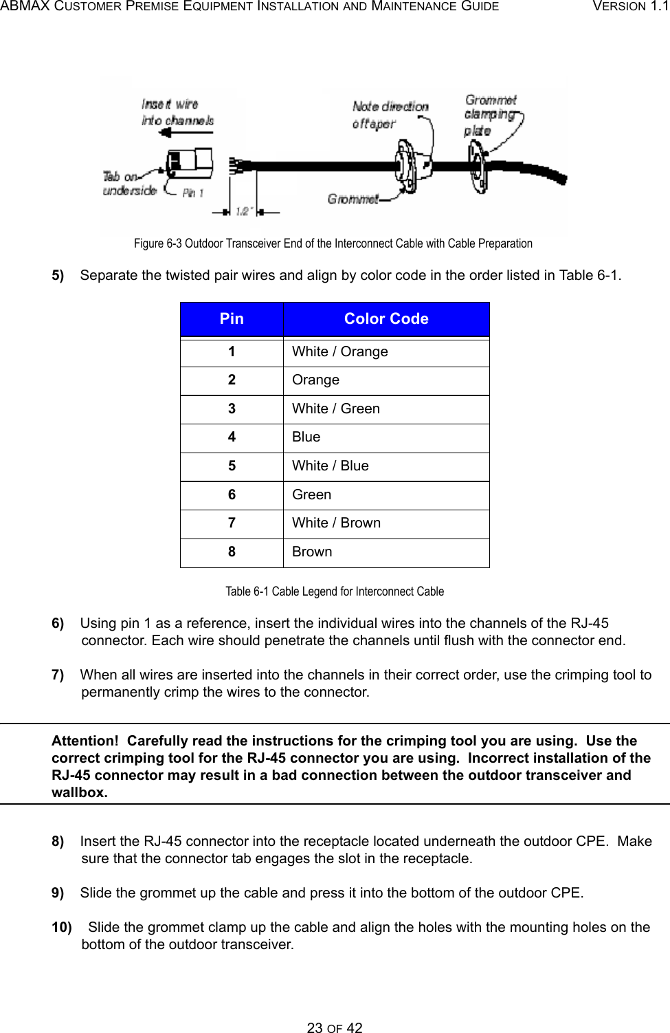 ABMAX CUSTOMER PREMISE EQUIPMENT INSTALLATION AND MAINTENANCE GUIDE VERSION 1.123 OF 42 Figure 6-3 Outdoor Transceiver End of the Interconnect Cable with Cable Preparation 5)    Separate the twisted pair wires and align by color code in the order listed in Table 6-1. Table 6-1 Cable Legend for Interconnect Cable6)    Using pin 1 as a reference, insert the individual wires into the channels of the RJ-45 connector. Each wire should penetrate the channels until flush with the connector end.  7)    When all wires are inserted into the channels in their correct order, use the crimping tool to permanently crimp the wires to the connector.  Attention!  Carefully read the instructions for the crimping tool you are using.  Use the correct crimping tool for the RJ-45 connector you are using.  Incorrect installation of the RJ-45 connector may result in a bad connection between the outdoor transceiver and wallbox. 8)    Insert the RJ-45 connector into the receptacle located underneath the outdoor CPE.  Make sure that the connector tab engages the slot in the receptacle. 9)    Slide the grommet up the cable and press it into the bottom of the outdoor CPE. 10)    Slide the grommet clamp up the cable and align the holes with the mounting holes on the bottom of the outdoor transceiver. Pin Color Code1White / Orange2Orange3White / Green4Blue5White / Blue6Green7White / Brown8Brown