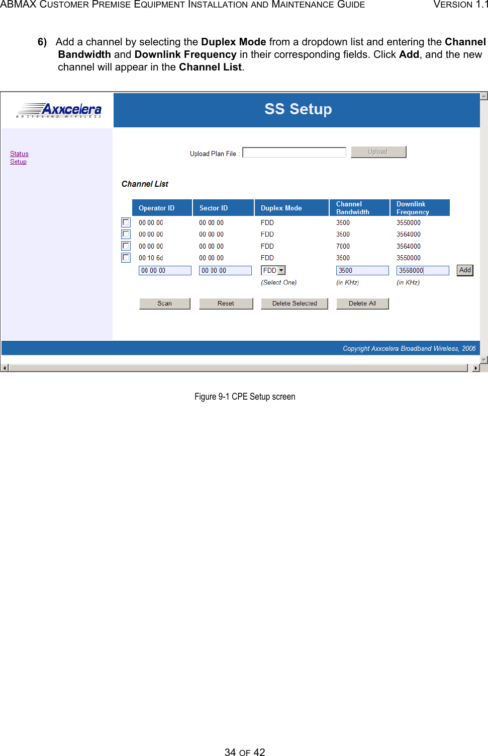 ABMAX CUSTOMER PREMISE EQUIPMENT INSTALLATION AND MAINTENANCE GUIDE VERSION 1.134 OF 426)   Add a channel by selecting the Duplex Mode from a dropdown list and entering the Channel Bandwidth and Downlink Frequency in their corresponding fields. Click Add, and the new channel will appear in the Channel List.  Figure 9-1 CPE Setup screen