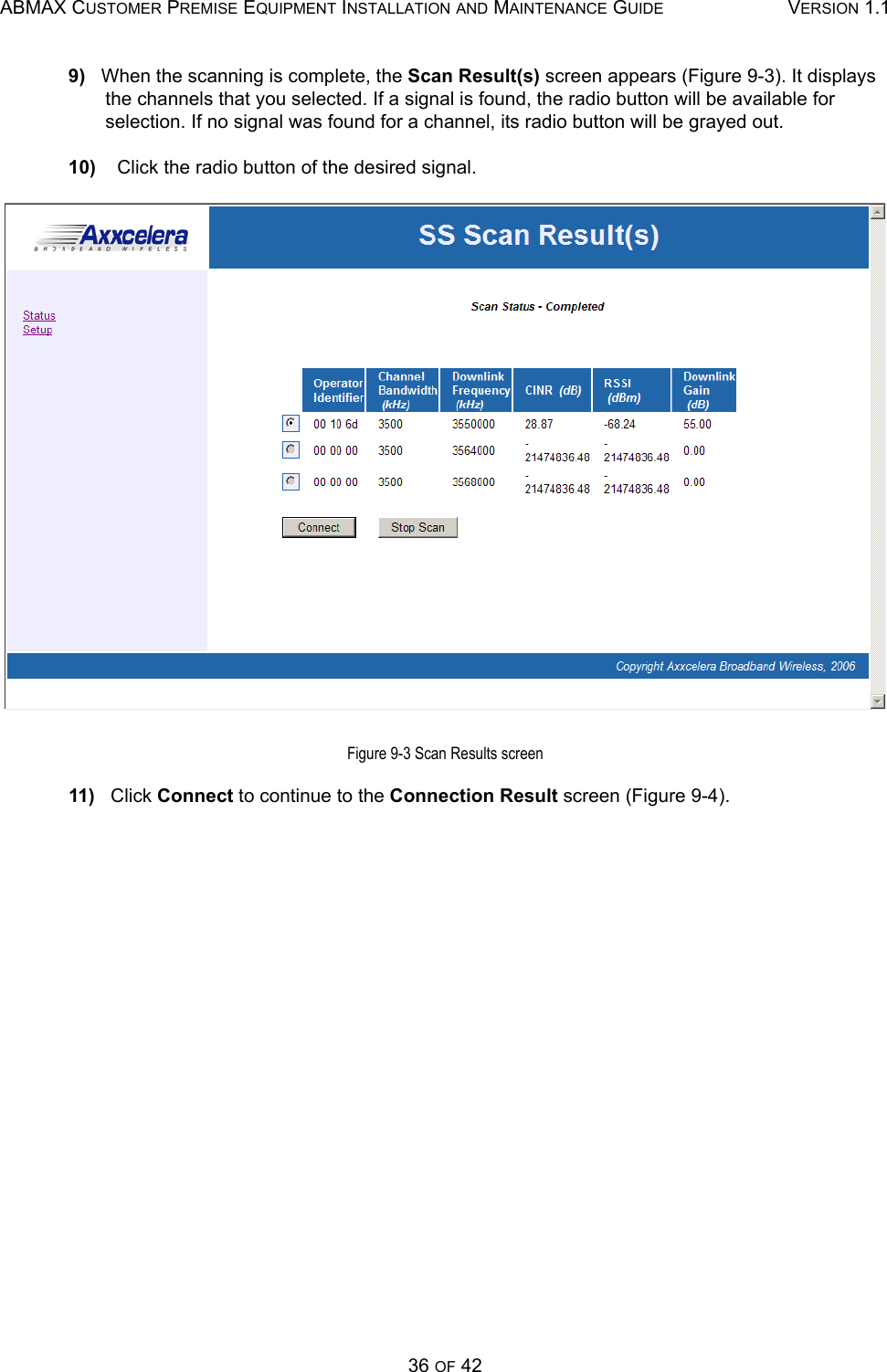 ABMAX CUSTOMER PREMISE EQUIPMENT INSTALLATION AND MAINTENANCE GUIDE VERSION 1.136 OF 429)   When the scanning is complete, the Scan Result(s) screen appears (Figure 9-3). It displays the channels that you selected. If a signal is found, the radio button will be available for selection. If no signal was found for a channel, its radio button will be grayed out.10)    Click the radio button of the desired signal.  Figure 9-3 Scan Results screen11)   Click Connect to continue to the Connection Result screen (Figure 9-4).