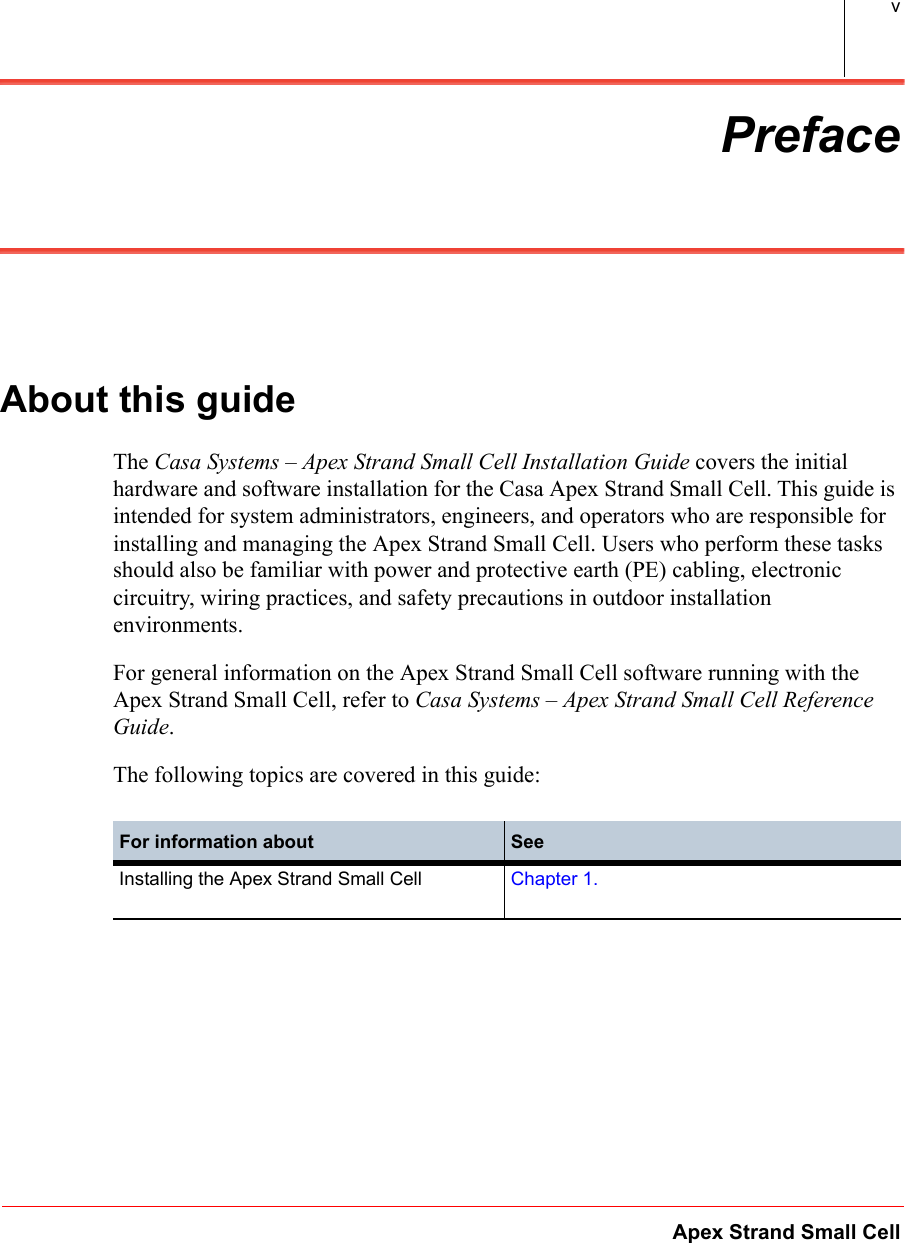 Apex Strand Small CellvPrefaceAbout this guideThe Casa Systems – Apex Strand Small Cell Installation Guide covers the initial hardware and software installation for the Casa Apex Strand Small Cell. This guide is intended for system administrators, engineers, and operators who are responsible for installing and managing the Apex Strand Small Cell. Users who perform these tasks should also be familiar with power and protective earth (PE) cabling, electronic circuitry, wiring practices, and safety precautions in outdoor installation environments. For general information on the Apex Strand Small Cell software running with the Apex Strand Small Cell, refer to Casa Systems – Apex Strand Small Cell Reference Guide.The following topics are covered in this guide:For information about SeeInstalling the Apex Strand Small Cell Chapter 1.