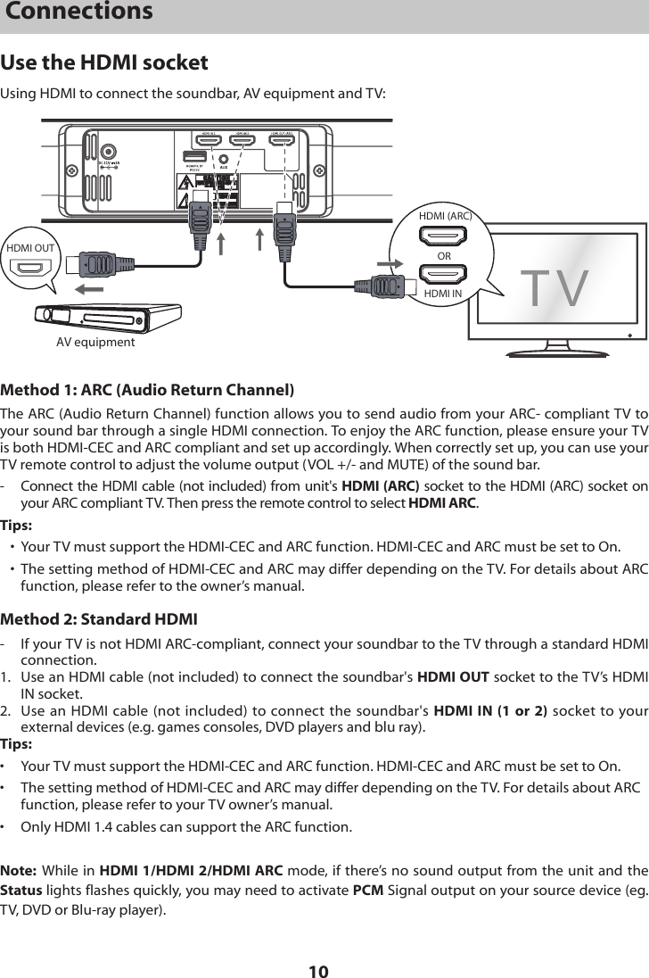 10ConnectionsUse the HDMI socketUsing HDMI to connect the soundbar, AV equipment and TV:AV equipmentHDMI INHDMI (ARC)ORHDMI OUTMethod 1: ARC (Audio Return Channel)The ARC (Audio Return Channel) function allows you to send audio from your ARC- compliant TV to your sound bar through a single HDMI connection. To enjoy the ARC function, please ensure your TV is both HDMI-CEC and ARC compliant and set up accordingly. When correctly set up, you can use your TV remote control to adjust the volume output (VOL +/- and MUTE) of the sound bar.-   Connect the HDMI cable (not included) from unit's HDMI (ARC) socket to the HDMI (ARC) socket on your ARC compliant TV. Then press the remote control to select HDMI ARC.Tips:&bull;  Your TV must support the HDMI-CEC and ARC function. HDMI-CEC and ARC must be set to On.&bull;  The setting method of HDMI-CEC and ARC may differ depending on the TV. For details about ARC function, please refer to the owner&rsquo;s manual.Method 2: Standard HDMI-  If your TV is not HDMI ARC-compliant, connect your soundbar to the TV through a standard HDMI connection.1.   Use an HDMI cable (not included) to connect the soundbar's HDMI OUT socket to the TV&rsquo;s HDMI IN socket.2.  Use an HDMI cable (not included) to connect the soundbar's HDMI IN (1 or 2) socket to your external devices (e.g. games consoles, DVD players and blu ray). Tips:&bull;   Your TV must support the HDMI-CEC and ARC function. HDMI-CEC and ARC must be set to On.&bull;  The setting method of HDMI-CEC and ARC may differ depending on the TV. For details about ARC function, please refer to your TV owner&rsquo;s manual.&bull;   Only HDMI 1.4 cables can support the ARC function.Note:  While in HDMI 1/HDMI 2/HDMI ARC mode, if there&rsquo;s no sound output from the unit and the Status lights flashes quickly, you may need to activate PCM Signal output on your source device (eg. TV, DVD or Blu-ray player).