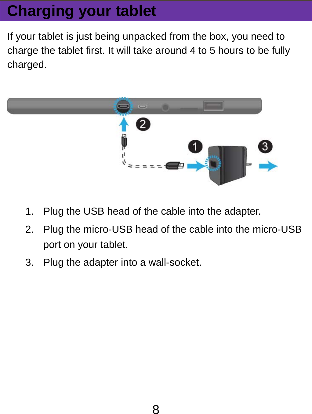  8Charging your tablet If your tablet is just being unpacked from the box, you need to charge the tablet first. It will take around 4 to 5 hours to be fully charged.   1.  Plug the USB head of the cable into the adapter. 2.  Plug the micro-USB head of the cable into the micro-USB port on your tablet. 3.  Plug the adapter into a wall-socket.  