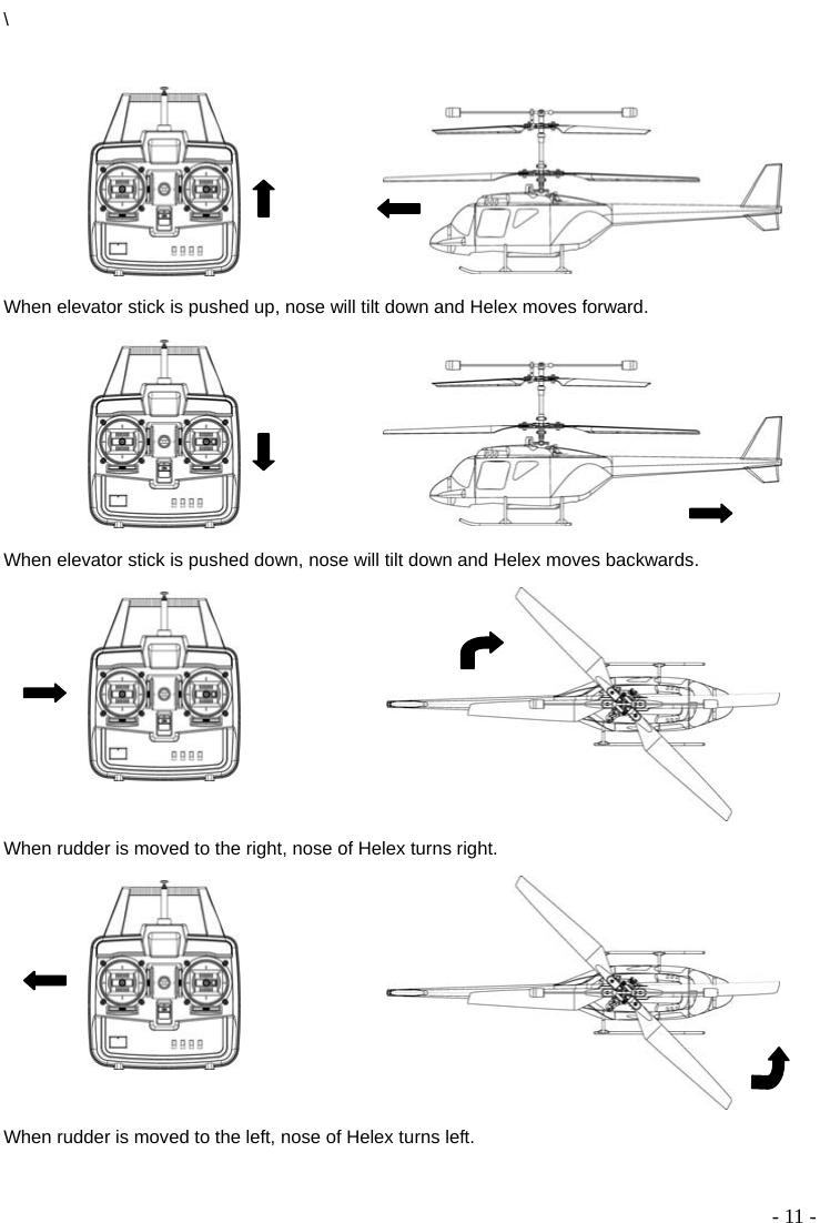  - 11 - \    When elevator stick is pushed up, nose will tilt down and Helex moves forward.     When elevator stick is pushed down, nose will tilt down and Helex moves backwards.   When rudder is moved to the right, nose of Helex turns right.   When rudder is moved to the left, nose of Helex turns left.  