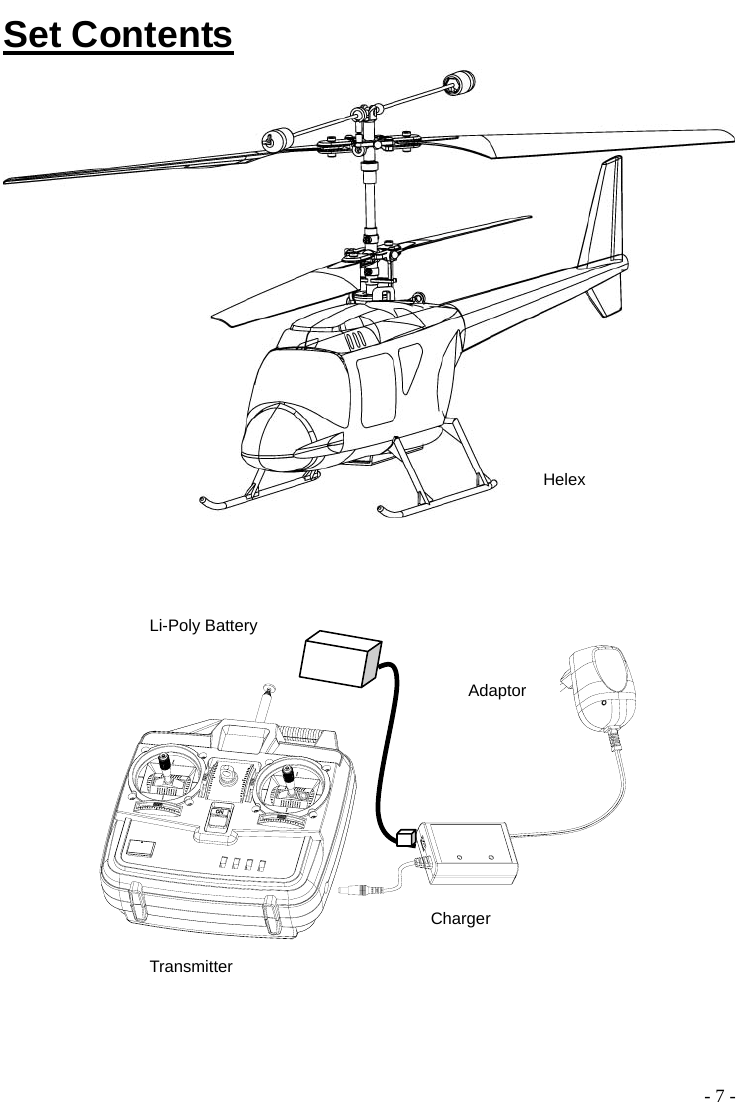  - 7 - Set Contents                        ChargerAdapterTransmitterTransmitter Charger Adaptor Li-Poly Battery Helex 