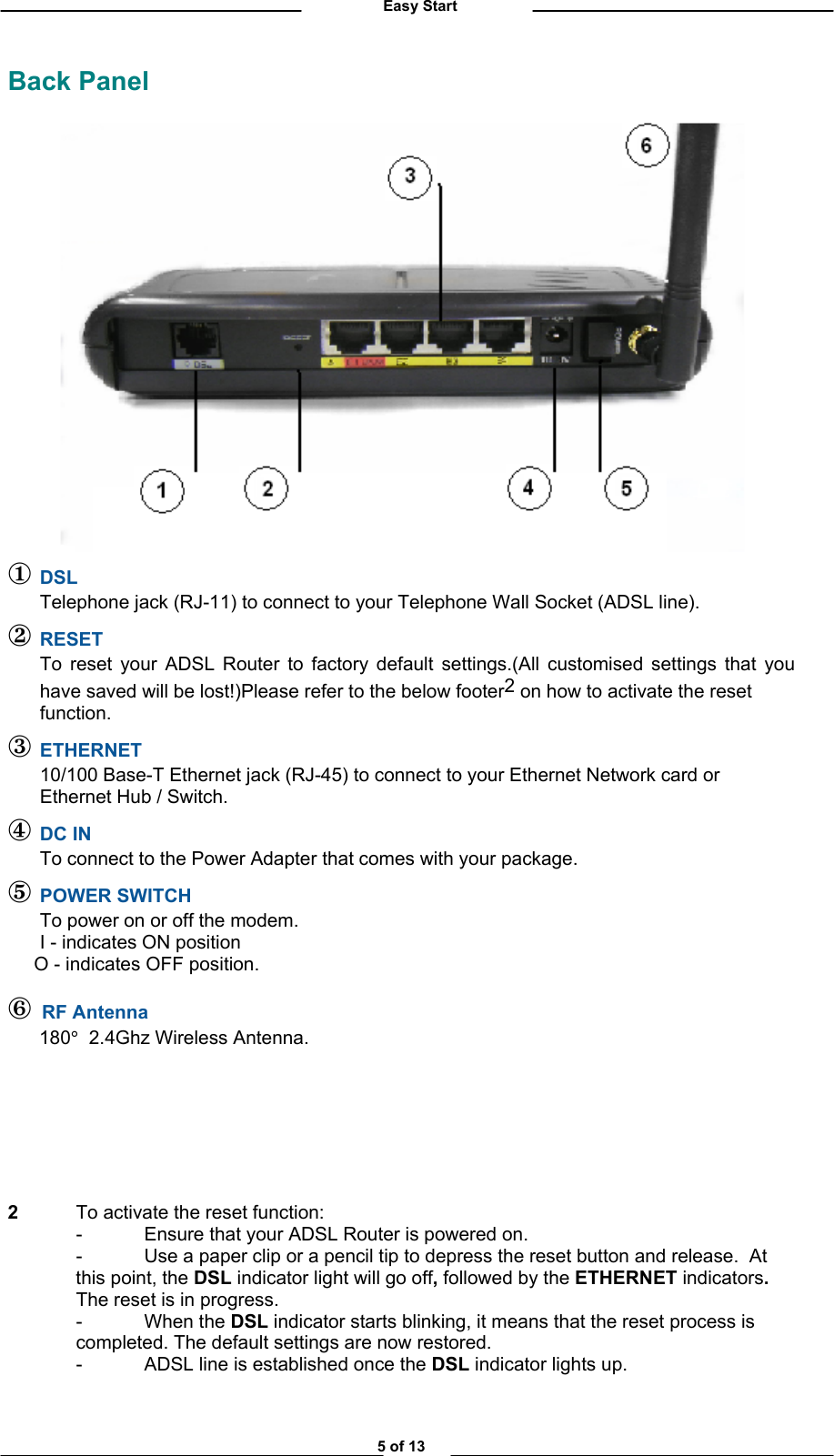          Easy Start Back Panel  l DSL   Telephone jack (RJ-11) to connect to your Telephone Wall Socket (ADSL line). m RESET   To reset your ADSL Router to factory default settings.(All customised settings that you   have saved will be lost!)Please refer to the below footer2 on how to activate the reset   function. n ETHERNET   10/100 Base-T Ethernet jack (RJ-45) to connect to your Ethernet Network card or    Ethernet Hub / Switch. oDC IN  To connect to the Power Adapter that comes with your package. p POWER SWITCH  To power on or off the modem.   I - indicates ON position      O - indicates OFF position. q  RF Antenna       180°  2.4Ghz Wireless Antenna.        2  To activate the reset function:   -  Ensure that your ADSL Router is powered on.   -  Use a paper clip or a pencil tip to depress the reset button and release.  At this point, the DSL indicator light will go off, followed by the ETHERNET indicators. The reset is in progress. - When the DSL indicator starts blinking, it means that the reset process is completed. The default settings are now restored.   -  ADSL line is established once the DSL indicator lights up.  5 of 13 