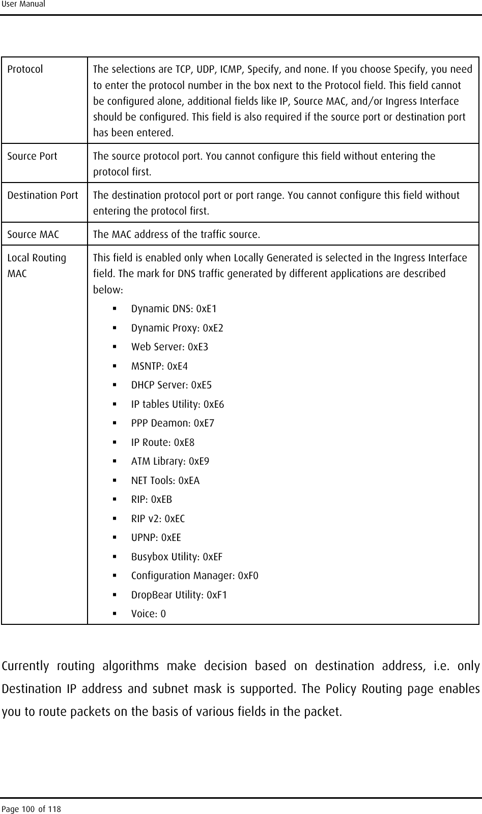 User Manual Protocol  The selections are TCP, UDP, ICMP, Specify, and none. If you choose Specify, you need to enter the protocol number in the box next to the Protocol field. This field cannot be configured alone, additional fields like IP, Source MAC, and/or Ingress Interface should be configured. This field is also required if the source port or destination port has been entered. Source Port  The source protocol port. You cannot configure this field without entering the protocol first. Destination Port  The destination protocol port or port range. You cannot configure this field without entering the protocol first. Source MAC  The MAC address of the traffic source. Local Routing MAC This field is enabled only when Locally Generated is selected in the Ingress Interface field. The mark for DNS traffic generated by different applications are described below:   Dynamic DNS: 0xE1   Dynamic Proxy: 0xE2   Web Server: 0xE3   MSNTP: 0xE4   DHCP Server: 0xE5   IP tables Utility: 0xE6   PPP Deamon: 0xE7   IP Route: 0xE8   ATM Library: 0xE9   NET Tools: 0xEA   RIP: 0xEB   RIP v2: 0xEC   UPNP: 0xEE   Busybox Utility: 0xEF   Configuration Manager: 0xF0   DropBear Utility: 0xF1   Voice: 0  Currently routing algorithms make decision based on destination address, i.e. only Destination IP address and subnet mask is supported. The Policy Routing page enables you to route packets on the basis of various fields in the packet.   Page 100 of 118 