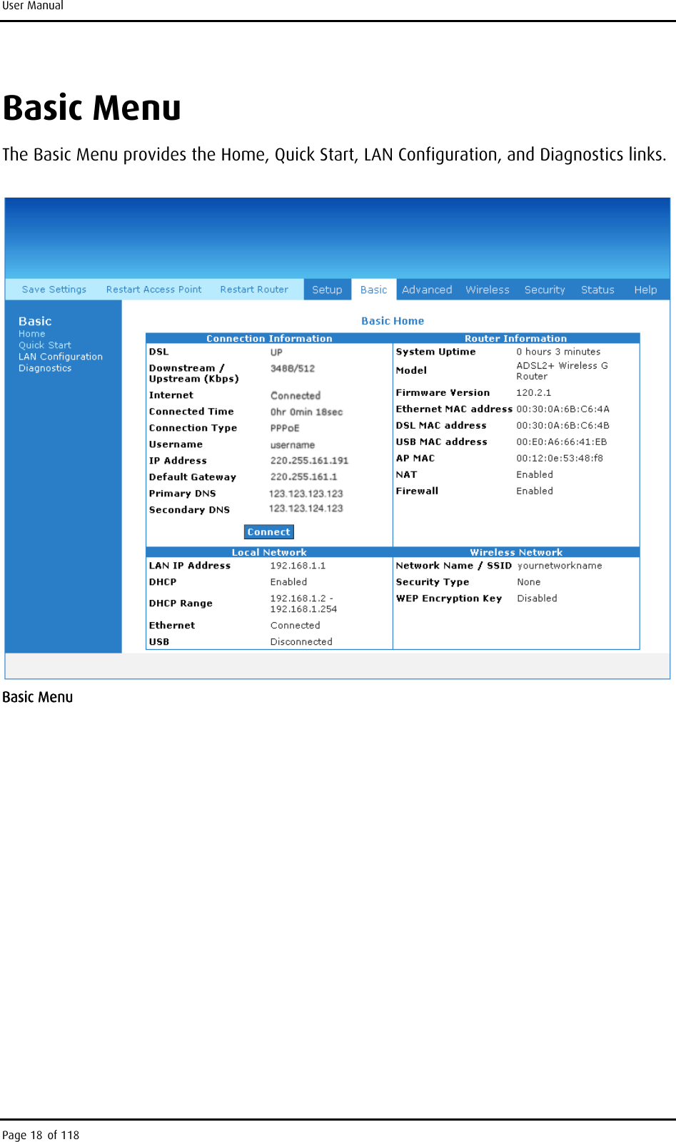 User Manual Basic Menu The Basic Menu provides the Home, Quick Start, LAN Configuration, and Diagnostics links.  Basic Menu Page 18 of 118 