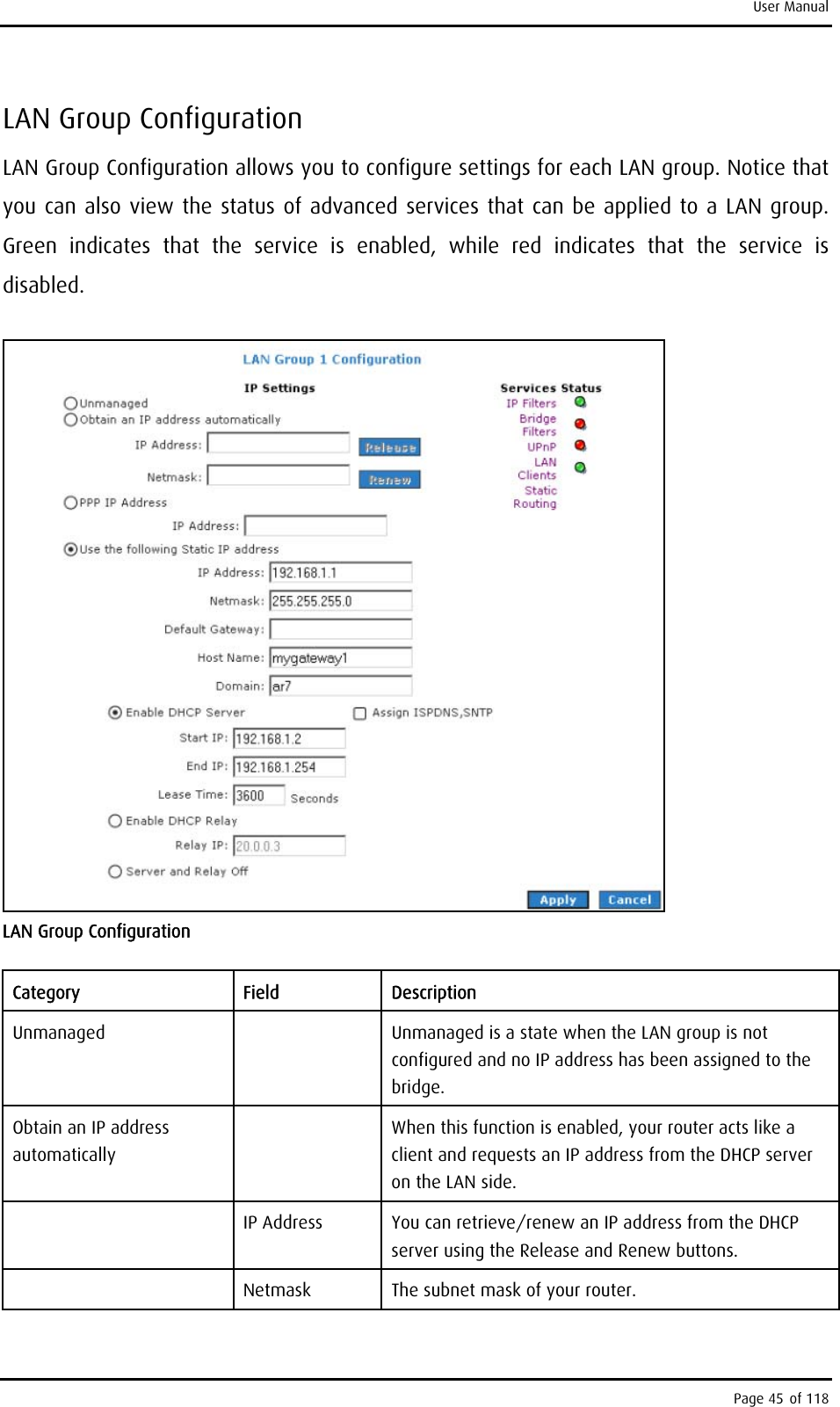 User Manual LAN Group Configuration LAN Group Configuration allows you to configure settings for each LAN group. Notice that you can also view the status of advanced services that can be applied to a LAN group. Green indicates that the service is enabled, while red indicates that the service is disabled.  LAN Group Configuration Category Field Description Unmanaged   Unmanaged is a state when the LAN group is not configured and no IP address has been assigned to the bridge. Obtain an IP address automatically   When this function is enabled, your router acts like a client and requests an IP address from the DHCP server on the LAN side.  IP Address  You can retrieve/renew an IP address from the DHCP server using the Release and Renew buttons.  Netmask  The subnet mask of your router. Page 45 of 118 