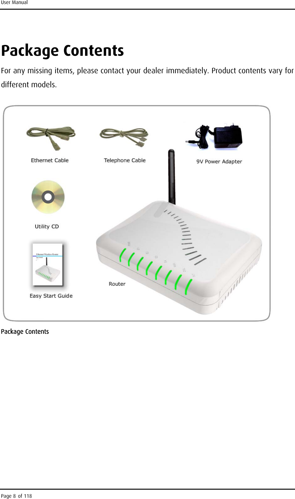 User Manual Package Contents For any missing items, please contact your dealer immediately. Product contents vary for different models.  Package Contents Page 8 of 118 