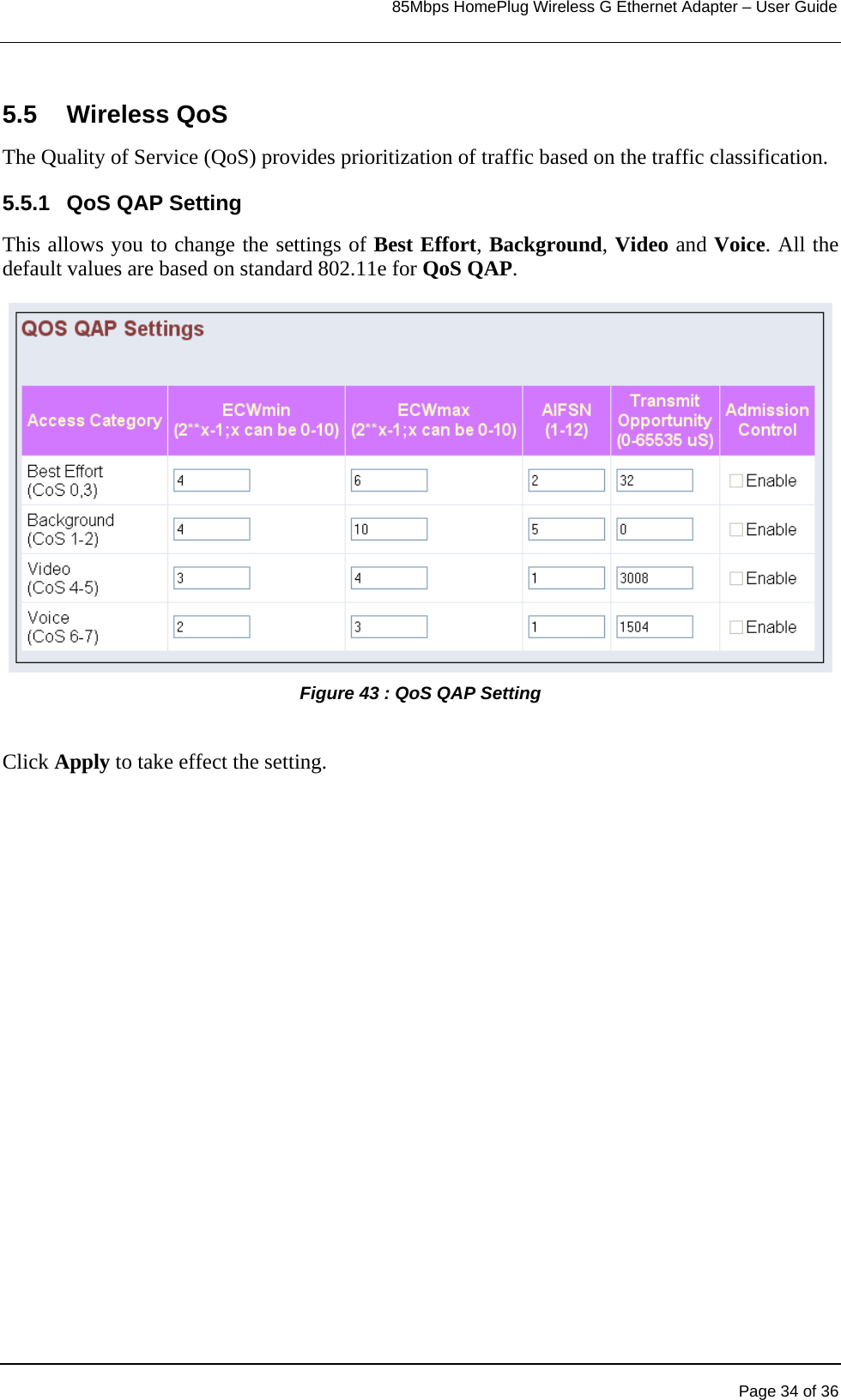                                                                            85Mbps HomePlug Wireless G Ethernet Adapter – User Guide      5.5 Wireless QoS The Quality of Service (QoS) provides prioritization of traffic based on the traffic classification. 5.5.1  QoS QAP Setting This allows you to change the settings of Best Effort, Background, Video and Voice. All the default values are based on standard 802.11e for QoS QAP. Figure 43 : QoS QAP Setting   Click Apply to take effect the setting.   Page 34 of 36 