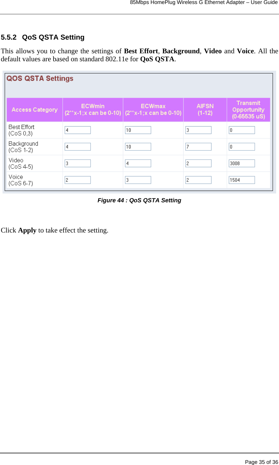                                                                            85Mbps HomePlug Wireless G Ethernet Adapter – User Guide      5.5.2  QoS QSTA Setting This allows you to change the settings of Best Effort, Background, Video and Voice. All the default values are based on standard 802.11e for QoS QSTA. Figure 44 : QoS QSTA Setting   Click Apply to take effect the setting.   Page 35 of 36 