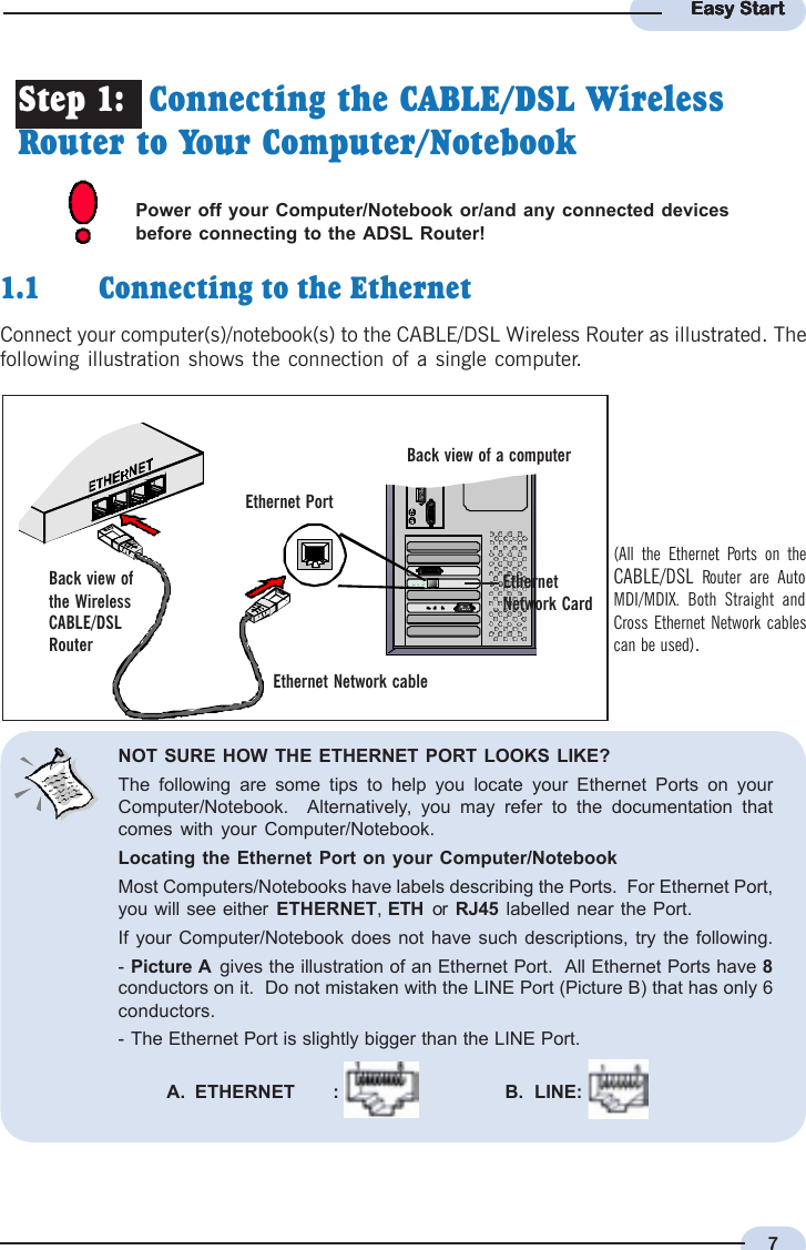 7Easy StartEasy StartEasy StartEasy StartEasy Start1.1 Connecting to the EthernetConnect your computer(s)/notebook(s) to the CABLE/DSL Wireless Router as illustrated. Thefollowing illustration shows the connection of a single computer.Back view of a computerEthernet Network cableEthernet PortBack view ofthe WirelessCABLE/DSLRouterEthernetNetwork Card(All the Ethernet Ports on theCABLE/DSL Router are AutoMDI/MDIX. Both Straight andCross Ethernet Network cablescan be used).Step 1:  Connecting the CABLE/DSL WirelessRouter to Your Computer/NotebookPower off your Computer/Notebook or/and any connected devicesbefore connecting to the ADSL Router!NOT SURE HOW THE ETHERNET PORT LOOKS LIKE?The following are some tips to help you locate your Ethernet Ports on yourComputer/Notebook.  Alternatively, you may refer to the documentation thatcomes with your Computer/Notebook.Locating the Ethernet Port on your Computer/NotebookMost Computers/Notebooks have labels describing the Ports.  For Ethernet Port,you will see either ETHERNET, ETH  or  RJ45  labelled near the Port.If your Computer/Notebook does not have such descriptions, try the following.-Picture A  gives the illustration of an Ethernet Port.  All Ethernet Ports have 8conductors on it.  Do not mistaken with the LINE Port (Picture B) that has only 6conductors.- The Ethernet Port is slightly bigger than the LINE Port.A.  ETHERNET :   B.  LINE: 