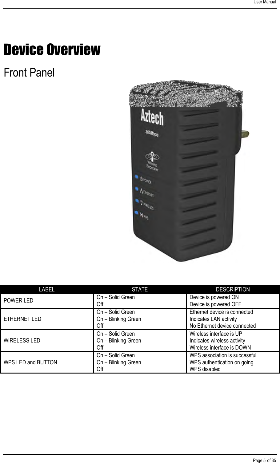 User Manual Page 5 of 35 Device Overview Front Panel                         LABEL  STATE  DESCRIPTION POWER LED  On – Solid Green Off Device is powered ON Device is powered OFF ETHERNET LED On – Solid Green On – Blinking Green Off Ethernet device is connected Indicates LAN activity No Ethernet device connected WIRELESS LED On – Solid Green On – Blinking Green Off Wireless interface is UP Indicates wireless activity Wireless interface is DOWN WPS LED and BUTTON On – Solid Green On – Blinking Green Off WPS association is successful WPS authentication on going WPS disabled    
