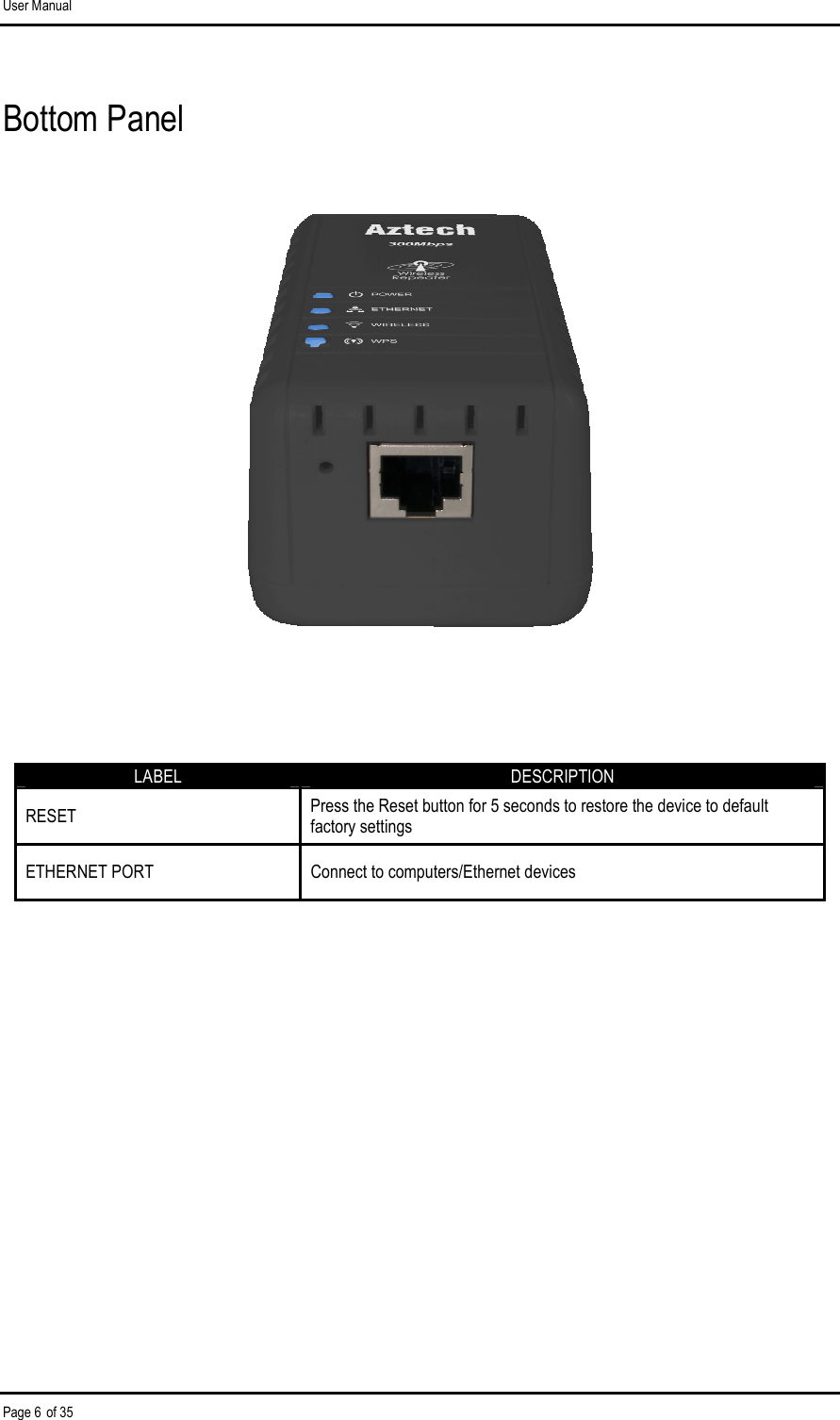 User Manual Page 6 of 35 Bottom Panel     LABEL  DESCRIPTION RESET  Press the Reset button for 5 seconds to restore the device to default factory settings ETHERNET PORT  Connect to computers/Ethernet devices  