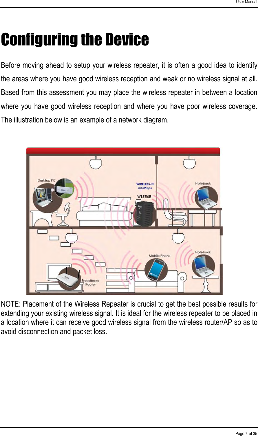 User Manual Page 7 of 35 Configuring the Device Before moving ahead to setup your wireless repeater, it is often a good idea to identify the areas where you have good wireless reception and weak or no wireless signal at all. Based from this assessment you may place the wireless repeater in between a location where you have good wireless reception and where you have poor wireless coverage. The illustration below is an example of a network diagram.               NOTE: Placement of the Wireless Repeater is crucial to get the best possible results for extending your existing wireless signal. It is ideal for the wireless repeater to be placed in a location where it can receive good wireless signal from the wireless router/AP so as to avoid disconnection and packet loss.      