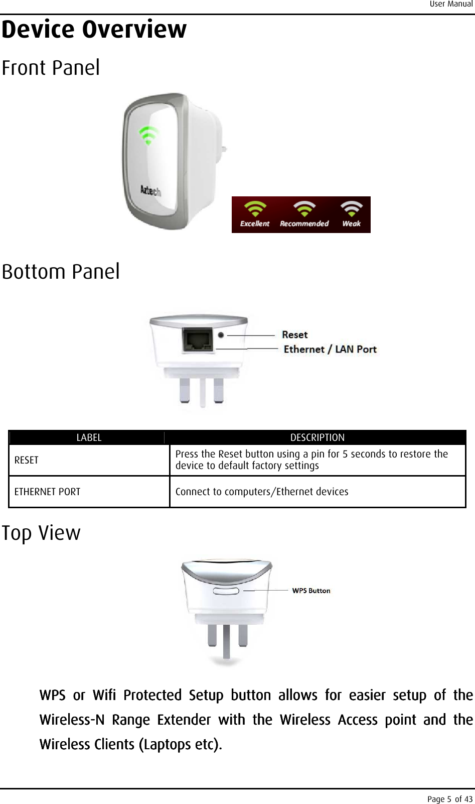 User Manual Page 5 of 43 Device Overview Front Panel   Bottom Panel     LABEL DESCRIPTION RESET  Press the Reset button using a pin for 5 seconds to restore the device to default factory settings ETHERNET PORT  Connect to computers/Ethernet devices Top View     WPS  or  Wifi  Protected  Setup  button  allows  for  easier  setup  of  the WPS  or  Wifi  Protected  Setup  button  allows  for  easier  setup  of  the WPS  or  Wifi  Protected  Setup  button  allows  for  easier  setup  of  the WPS  or  Wifi  Protected  Setup  button  allows  for  easier  setup  of  the WirelessWirelessWirelessWireless----N  Range  Extender  with  the  Wireless  AN  Range  Extender  with  the  Wireless  AN  Range  Extender  with  the  Wireless  AN  Range  Extender  with  the  Wireless  Accessccessccessccess     point  and  the point  and  the point  and  the point  and  the Wireless Wireless Wireless Wireless Clients (Clients (Clients (Clients (Laptops etc).Laptops etc).Laptops etc).Laptops etc).    