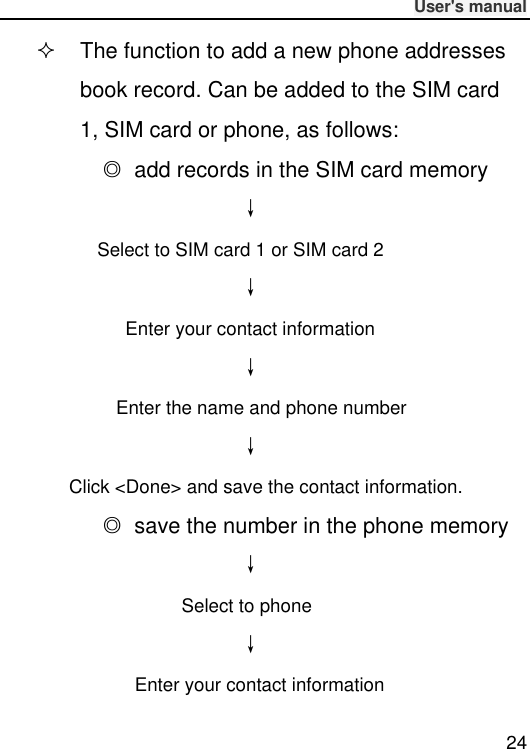              User&apos;s manual  24   The function to add a new phone addresses book record. Can be added to the SIM card 1, SIM card or phone, as follows: ◎ add records in the SIM card memory ↓  Select to SIM card 1 or SIM card 2 ↓  Enter your contact information ↓  Enter the name and phone number ↓  Click &lt;Done&gt; and save the contact information. ◎ save the number in the phone memory ↓  Select to phone ↓  Enter your contact information 