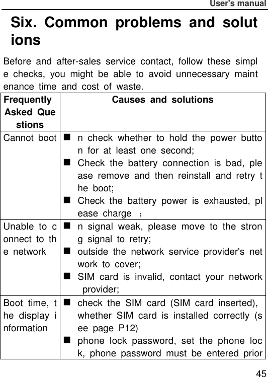              User&apos;s manual  45 Six.  Common  problems  and  solutions Before  and  after-sales  service  contact,  follow  these  simple  checks,  you  might  be  able  to  avoid  unnecessary  maintenance  time  and  cost  of  waste. Frequently Asked  Questions Causes  and  solutions Cannot  boot  n  check  whether  to  hold  the  power  button  for  at  least  one  second;  Check  the  battery  connection  is  bad,  please  remove  and  then  reinstall  and  retry  the  boot;  Check  the  battery  power  is  exhausted,  please  charge； Unable  to  connect  to  the  network  n  signal  weak,  please  move  to  the  strong  signal  to  retry;  outside  the  network  service  provider&apos;s  network  to  cover;  SIM  card  is  invalid,  contact  your  network  provider; Boot  time,  the  display  information  check  the  SIM  card  (SIM  card  inserted), whether  SIM  card  is  installed  correctly  (see  page  P12)  phone  lock  password,  set  the  phone  lock,  phone  password  must  be  entered  prior