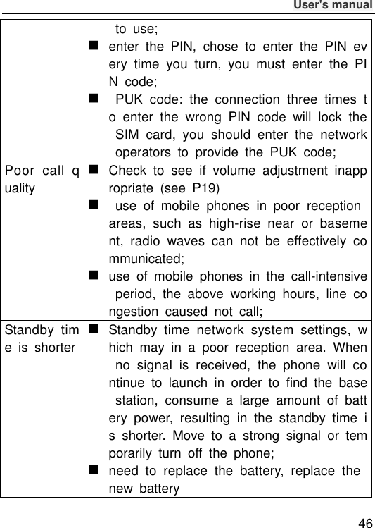              User&apos;s manual  46   to  use;  enter  the  PIN,  chose  to  enter  the  PIN  every  time  you  turn,  you  must  enter  the  PIN  code;    PUK  code:  the  connection  three  times  to  enter  the  wrong  PIN  code  will  lock  the  SIM  card,  you  should  enter  the  network  operators  to  provide  the  PUK  code; Poor  call  quality  Check  to  see  if  volume  adjustment  inappropriate  (see  P19)    use  of  mobile  phones  in  poor  reception areas,  such  as  high-rise  near  or  basement,  radio  waves  can  not  be  effectively  communicated;  use  of  mobile  phones  in  the  call-intensive  period,  the  above  working  hours,  line  congestion  caused  not  call; Standby  time  is  shorter  Standby  time  network  system  settings,  which  may  in  a  poor  reception  area.  When  no  signal  is  received,  the  phone  will  continue  to  launch  in  order  to  find  the  base  station,  consume  a  large  amount  of  battery  power,  resulting  in  the  standby  time  is  shorter.  Move  to  a  strong  signal  or  temporarily  turn  off  the  phone;  need  to  replace  the  battery,  replace  the new  battery 