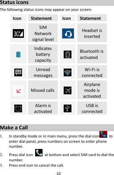 10 Status icons The following status icons may appear on your screen: Icon Statement Icon Statement  SIM Network signal level  Headset is inserted  Indicates battery capacity  Bluetooth is activated    Unread messages  Wi-Fi is connected  Missed calls  Airplane mode is activated  Alarm is activated  USB is connected  Make a Call 1. In standby mode or in main menu, press the dial icon   to enter dial panel, press numbers on screen to enter phone number.   2. Press dial icon    at bottom and select SIM card to dial the number.   3. Press end icon to cancel the call. 