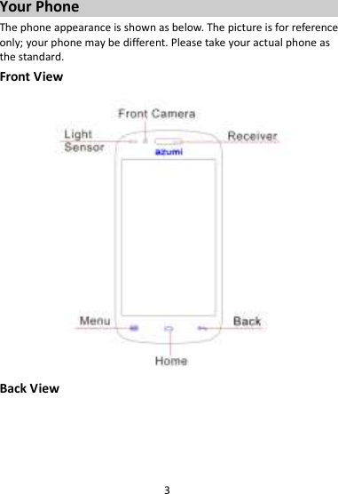 3 Your Phone The phone appearance is shown as below. The picture is for reference only; your phone may be different. Please take your actual phone as the standard. Front View  Back View 