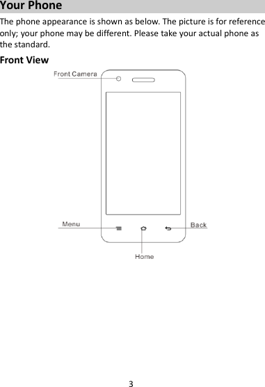 3 Your Phone The phone appearance is shown as below. The picture is for reference only; your phone may be different. Please take your actual phone as the standard. Front View         