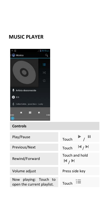  MUSIC PLAYER                   Controls Play/Pause Touch  /  Previous/Next Touch   /  Rewind/Forward Touch and hold /  Volume adjust Press side key Now playing: Touch to open the current playlist. Touch   