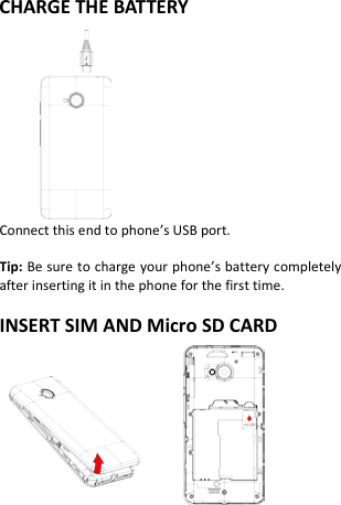   CHARGE THE BATTERY         Connect this end to phone’s USB port.  Tip: Be sure to charge your phone’s battery completely after inserting it in the phone for the first time.  INSERT SIM AND Micro SD CARD            