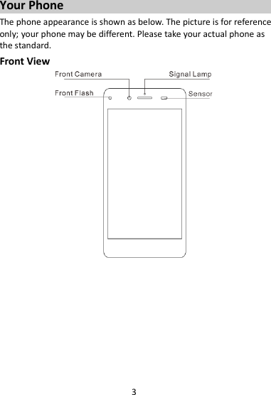 3 Your Phone The phone appearance is shown as below. The picture is for reference only; your phone may be different. Please take your actual phone as the standard. Front View         