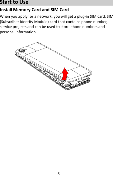 5 Start to Use Install Memory Card and SIM Card When you apply for a network, you will get a plug-in SIM card. SIM (Subscriber Identity Module) card that contains phone number, service projects and can be used to store phone numbers and personal information.       