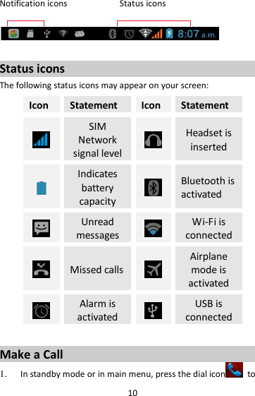 10 Notification icons                      Status icons    Status icons The following status icons may appear on your screen: Icon Statement Icon Statement  SIM Network signal level  Headset is inserted  Indicates battery capacity  Bluetooth is activated    Unread messages  Wi-Fi is connected  Missed calls  Airplane mode is activated  Alarm is activated  USB is connected  Make a Call 1. In standby mode or in main menu, press the dial icon   to 