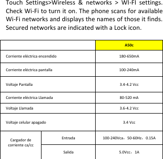   Touch  Settings&gt;Wireless  &amp;  networks  &gt;  WI-FI  settings. Check Wi-Fi to turn it on. The phone scans for available Wi-Fi networks and displays the names of those it finds. Secured networks are indicated with a Lock icon.   A50c Corriente eléctrica encendido       180-650mA Corriente eléctrica pantalla           100-240mA Voltaje Pantalla                       3.4-4.2 Vcc Corriente eléctrica Llamada           80-520 mA Voltaje Llamada                   3.6-4.2 Vcc Voltaje celular apagado           3.4 Vcc Cargador de corriente ca/cc  Entrada 100-240Vca，50-60Hz，0.15A Salida   5.0Vcc，1A 