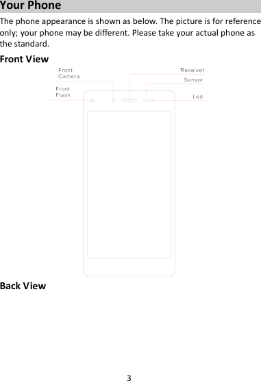 3 Your Phone The phone appearance is shown as below. The picture is for reference only; your phone may be different. Please take your actual phone as the standard. Front View  Back View 