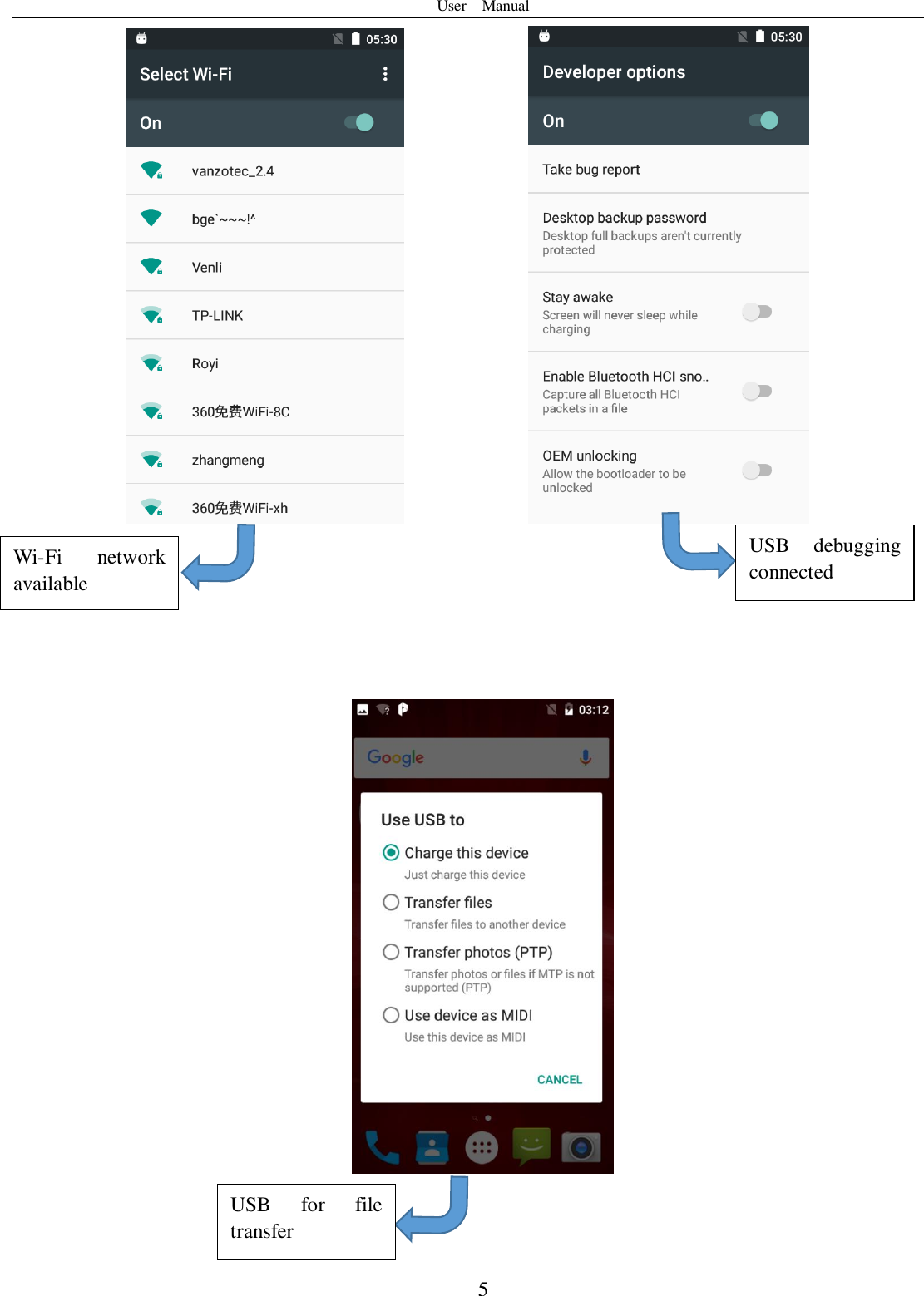 User    Manual  5               Wi-Fi  network available USB  debugging connected USB  for  file transfer 