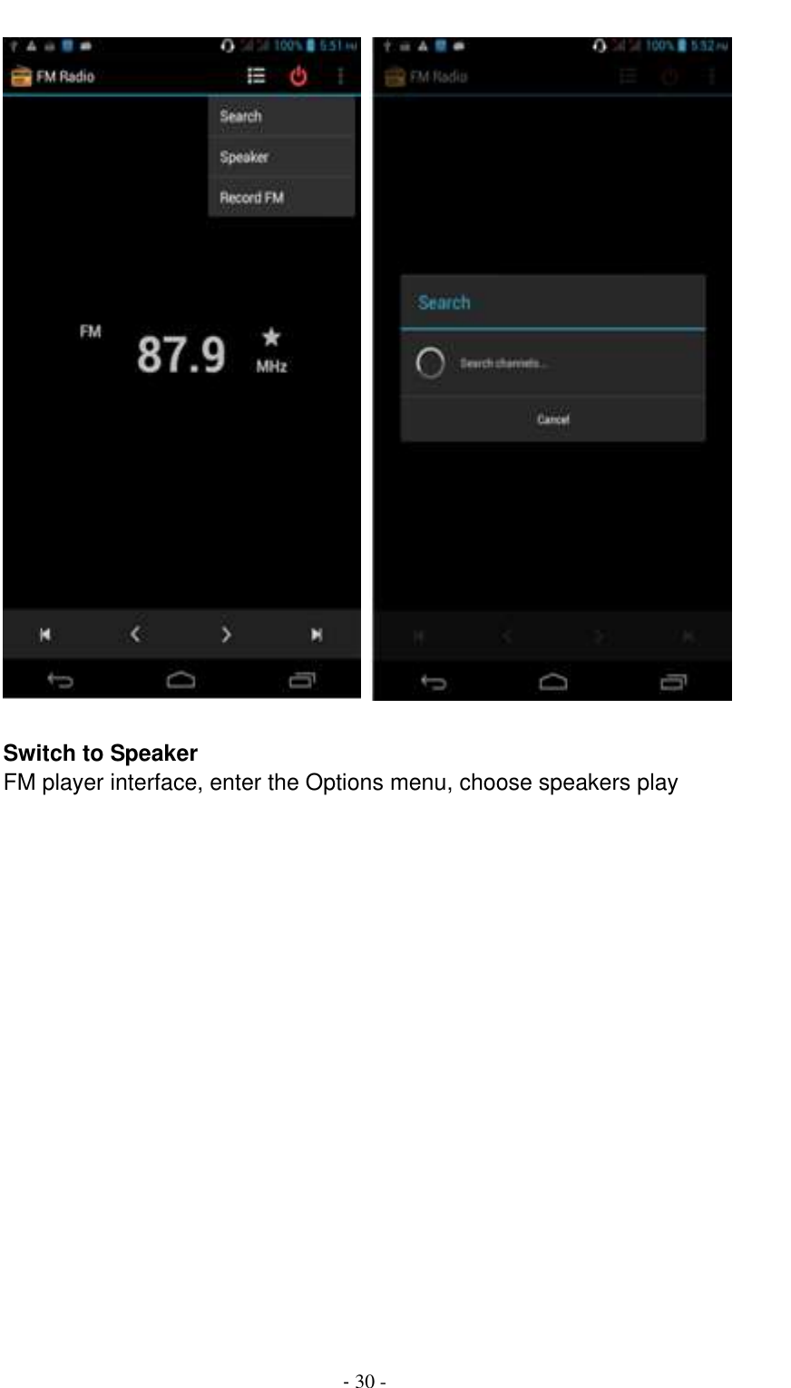                                          - 30 -             Switch to Speaker FM player interface, enter the Options menu, choose speakers play 