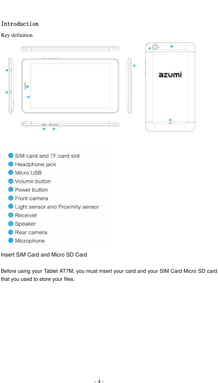                                          - 4 -  Introduction Key definition    Insert SIM Card and Micro SD Card  Before using your Tablet AT7M, you must insert your card and your SIM Card Micro SD card that you used to store your files.    