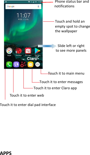                                          Phone status bar and notifications                      Touch and hold an empty spot to change the wallpaper                                    Slide left or right   to see more panels                 Touch it to main menu                     Touch it to enter messages                  Touch it to enter Claro app      Touch it to enter web Touch it to enter dial pad interface       APPS 