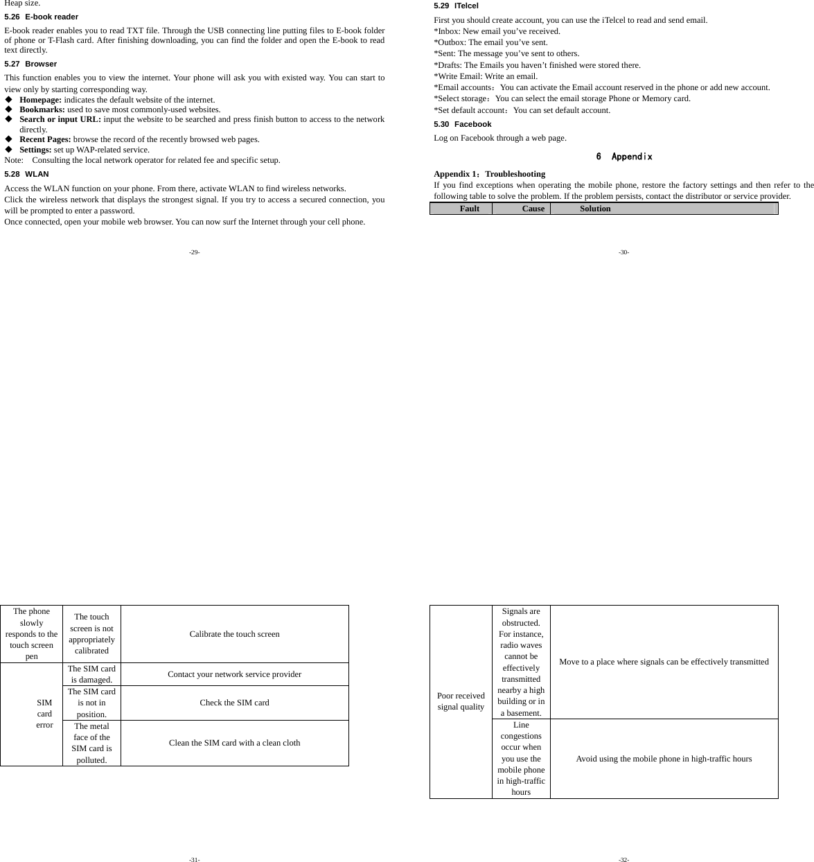 -29- Heap size. 5.26 E-book reader E-book reader enables you to read TXT file. Through the USB connecting line putting files to E-book folder of phone or T-Flash card. After finishing downloading, you can find the folder and open the E-book to read text directly. 5.27 Browser This function enables you to view the internet. Your phone will ask you with existed way. You can start to view only by starting corresponding way.  Homepage: indicates the default website of the internet.  Bookmarks: used to save most commonly-used websites.  Search or input URL: input the website to be searched and press finish button to access to the network directly.  Recent Pages: browse the record of the recently browsed web pages.  Settings: set up WAP-related service. Note:    Consulting the local network operator for related fee and specific setup. 5.28 WLAN Access the WLAN function on your phone. From there, activate WLAN to find wireless networks. Click the wireless network that displays the strongest signal. If you try to access a secured connection, you will be prompted to enter a password. Once connected, open your mobile web browser. You can now surf the Internet through your cell phone. -30- 5.29 ITelcel First you should create account, you can use the iTelcel to read and send email. *Inbox: New email you’ve received. *Outbox: The email you’ve sent. *Sent: The message you’ve sent to others. *Drafts: The Emails you haven’t finished were stored there. *Write Email: Write an email. *Email accounts：You can activate the Email account reserved in the phone or add new account. *Select storage：You can select the email storage Phone or Memory card. *Set default account：You can set default account. 5.30 Facebook Log on Facebook through a web page. 6 Appendix Appendix 1：Troubleshooting If you find exceptions when operating the mobile phone, restore the factory settings and then refer to the following table to solve the problem. If the problem persists, contact the distributor or service provider. Fault  Cause Solution -31- The phone slowly responds to the touch screen pen The touch screen is not appropriately calibrated Calibrate the touch screen The SIM card is damaged.  Contact your network service provider The SIM card is not in position. Check the SIM card SIM card error  The metal face of the SIM card is polluted. Clean the SIM card with a clean cloth -32- Signals are obstructed. For instance, radio waves cannot be effectively transmitted nearby a high building or in a basement. Move to a place where signals can be effectively transmitted Poor received signal quality Line congestions occur when you use the mobile phone in high-traffic hours Avoid using the mobile phone in high-traffic hours 