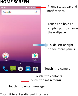  HOME SCREEN                                           Phone status bar and notifications                      Touch and hold an empty spot to change the wallpaper                                    Slide left or right   to see more panels                  Touch it to camera                     Touch it to contacts                  Touch it to main menu      Touch it to enter message Touch it to enter dial pad interface      