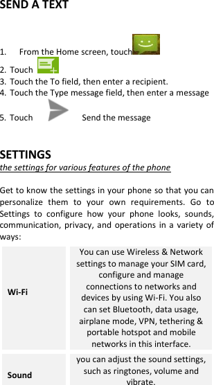  SEND A TEXT  1.   From the Home screen, touch   2. Touch   3. Touch the To field, then enter a recipient. 4. Touch the Type message field, then enter a message 5. Touch         Send the message   SETTINGS the settings for various features of the phone  Get to know the settings in your phone so that you can personalize  them  to  your  own  requirements.  Go  to Settings  to  configure  how  your  phone  looks,  sounds, communication,  privacy,  and  operations  in a  variety  of ways: Wi-Fi  You can use Wireless &amp; Network settings to manage your SIM card, configure and manage connections to networks and devices by using Wi-Fi. You also can set Bluetooth, data usage, airplane mode, VPN, tethering &amp; portable hotspot and mobile networks in this interface. Sound you can adjust the sound settings, such as ringtones, volume and vibrate. 