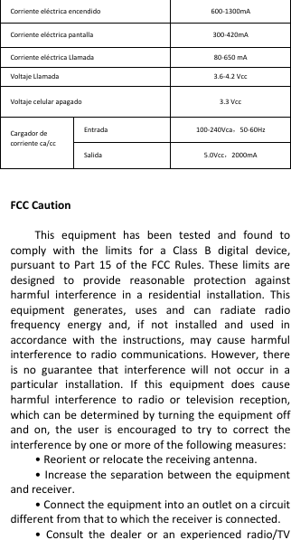 Corriente eléctrica encendido       600-1300mA Corriente eléctrica pantalla             300-420mA Corriente eléctrica Llamada           80-650 mA Voltaje Llamada                   3.6-4.2 Vcc Voltaje celular apagado           3.3 Vcc Cargador de corriente ca/cc  Entrada   100-240Vca，50-60Hz Salida     5.0Vcc，2000mA  FCC Caution This  equipment  has  been  tested  and  found  to comply  with  the  limits  for  a  Class  B  digital  device, pursuant  to Part  15  of  the  FCC  Rules.  These  limits  are designed  to  provide  reasonable  protection  against harmful  interference  in  a  residential  installation.  This equipment  generates,  uses  and  can  radiate  radio frequency  energy  and,  if  not  installed  and  used  in accordance  with  the  instructions,  may  cause  harmful interference  to  radio  communications.  However, there is  no  guarantee  that  interference  will  not  occur  in  a particular  installation.  If  this  equipment  does  cause harmful  interference  to  radio  or  television  reception, which can be determined by turning the equipment off and  on,  the  user  is  encouraged  to  try  to  correct  the interference by one or more of the following measures: • Reorient or relocate the receiving antenna. • Increase the separation between the equipment and receiver. • Connect the equipment into an outlet on a circuit different from that to which the receiver is connected. •  Consult  the  dealer  or  an  experienced  radio/TV 