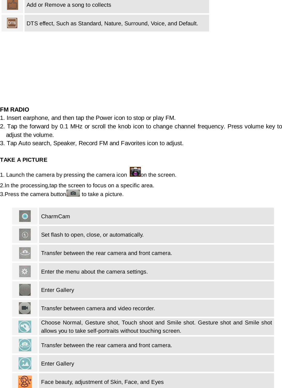    Add or Remove a song to collects  DTS effect, Such as Standard, Nature, Surround, Voice, and Default. FM RADIO 1. Insert earphone, and then tap the Power icon to stop or play FM. 2. Tap the forward by 0.1 MHz or scroll the knob icon to change channel frequency. Press volume key to adjust the volume. 3. Tap Auto search, Speaker, Record FM and Favorites icon to adjust.  TAKE A PICTURE 1. Launch the camera by pressing the camera icon  on the screen. 2.In the processing,tap the screen to focus on a specific area. 3.Press the camera button  to take a picture.   CharmCam  Set flash to open, close, or automatically.  Transfer between the rear camera and front camera.  Enter the menu about the camera settings.  Enter Gallery  Transfer between camera and video recorder.  Choose Normal, Gesture shot, Touch shoot and Smile shot. Gesture shot and Smile shot allows you to take self-portraits without touching screen.  Transfer between the rear camera and front camera.  Enter Gallery  Face beauty, adjustment of Skin, Face, and Eyes 