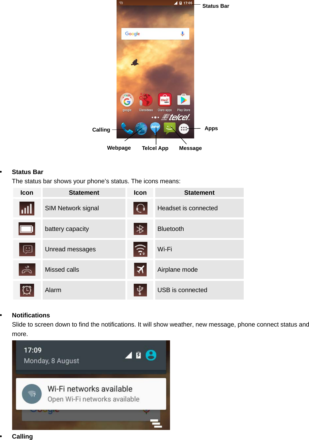      Status Bar The status bar shows your phone’s status. The icons means: Icon Statement Icon Statement  SIM Network signal    Headset is connected  battery capacity  Bluetooth    Unread messages  Wi-Fi    Missed calls  Airplane mode  Alarm    USB is connected   Notifications   Slide to screen down to find the notifications. It will show weather, new message, phone connect status and more.   Calling Status Bar Message  Calling  Telcel App  Webpage  Apps  