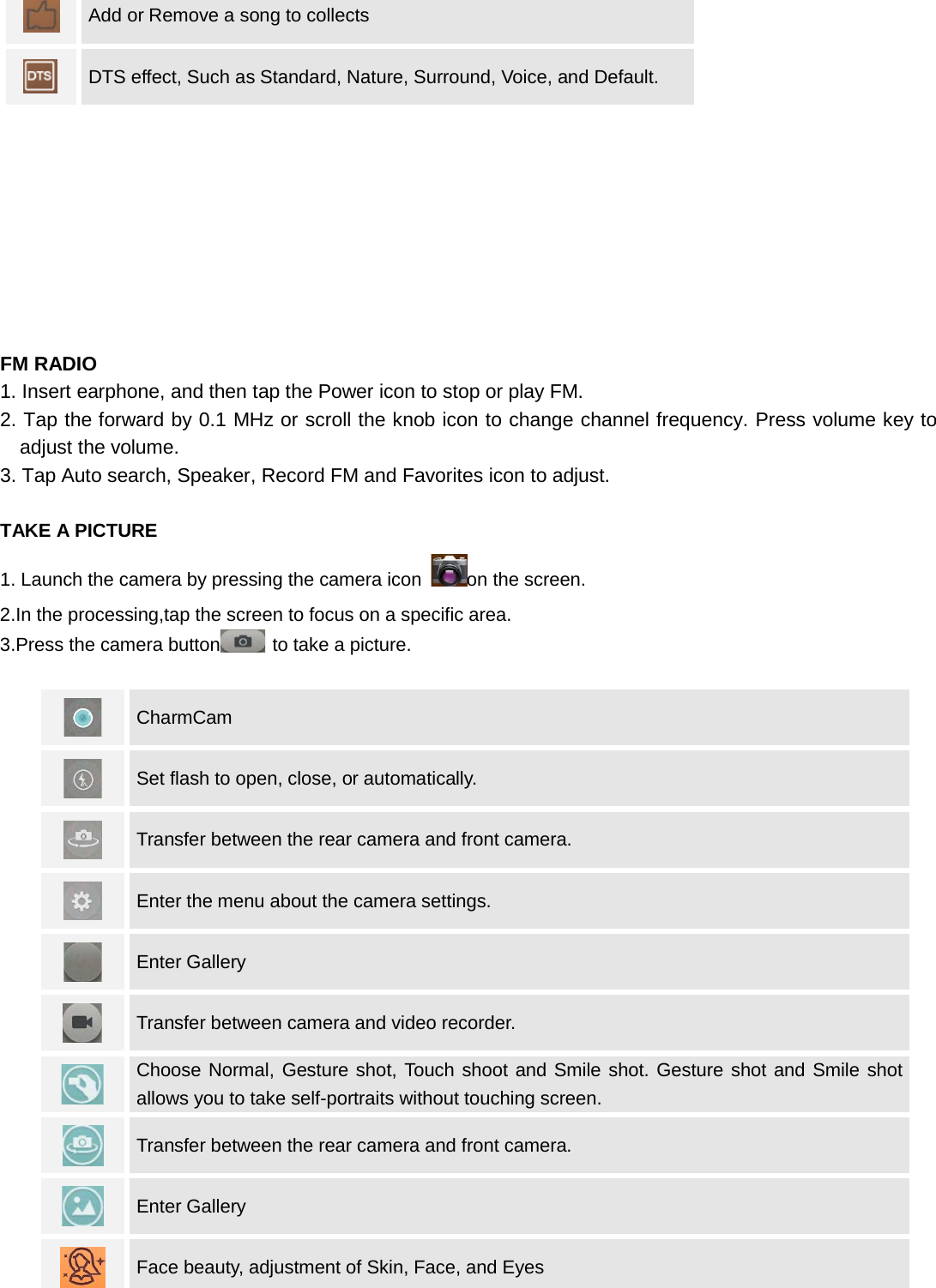    Add or Remove a song to collects  DTS effect, Such as Standard, Nature, Surround, Voice, and Default. FM RADIO 1. Insert earphone, and then tap the Power icon to stop or play FM. 2. Tap the forward by 0.1 MHz or scroll the knob icon to change channel frequency. Press volume key to adjust the volume. 3. Tap Auto search, Speaker, Record FM and Favorites icon to adjust.  TAKE A PICTURE 1. Launch the camera by pressing the camera icon  on the screen. 2.In the processing,tap the screen to focus on a specific area. 3.Press the camera button  to take a picture.   CharmCam  Set flash to open, close, or automatically.  Transfer between the rear camera and front camera.  Enter the menu about the camera settings.  Enter Gallery  Transfer between camera and video recorder.  Choose Normal, Gesture shot, Touch shoot and Smile shot. Gesture shot and Smile shot allows you to take self-portraits without touching screen.  Transfer between the rear camera and front camera.  Enter Gallery  Face beauty, adjustment of Skin, Face, and Eyes 