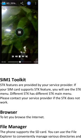       SIM1 Toolkit   STK features are provided by your service provider. If your SIM card supports STK feature, you will see the STK menu. Different STK has different STK main menu. Please contact your service provider if the STK does not work.  Browser To let you browse the Internet.  File Manager The phone supports the SD card. You can use the File Explorer to conveniently manage various directories and 