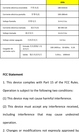   A50c Corriente eléctrica encendido      开机电流 180-650mA Corriente eléctrica pantalla            屏幕电流 100-280mA Voltaje Pantalla                        屏幕电压 3.4-4.2 Vcc Corriente eléctrica Llamada          通话电流 80-590 mA Voltaje Llamada                  通话电压 3.6-4.2 Vcc Voltaje celular apagado          关机的电压 3.4 Vcc Cargador de corriente ca/cc  Entrada 充电器输入电流电压 100-240Vca，50-60Hz，0.2A Salida    输出电流电压 5.0Vcc，1000mA    FCC Statement 1.  This  device  complies  with  Part  15  of  the  FCC  Rules. Operation is subject to the following two conditions: (1) This device may not cause harmful interference. (2)  This  device  must  accept  any  interference  received, including  interference  that  may  cause  undesired operation. 2.  Changes  or  modifications not  expressly approved  by 